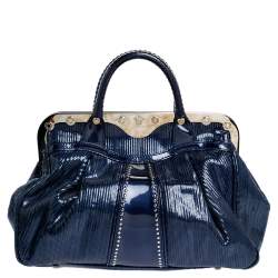 Versace Blue Striped Patent Leather Studded Frame Satchel 