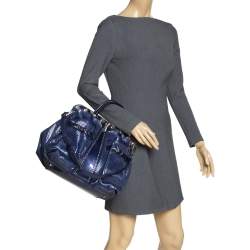 Versace Blue Striped Patent Leather Studded Frame Satchel 