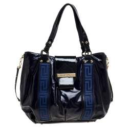 Pre Owned Versace Two Tone Blue Patent Vinyl and Leather Side Zip Tote