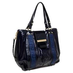 Pre Owned Versace Two Tone Blue Patent Vinyl and Leather Side Zip Tote