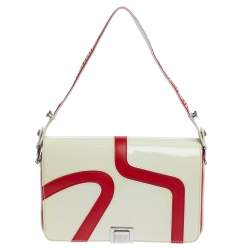 Pre Owned Versace Cream/Red Patent Leather and Leather Shoulder Bag