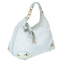 Versace Light Turquoise Signature Canvas and Leather Small Studded Hobo 