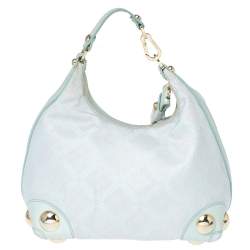 Versace Light Turquoise Signature Canvas and Leather Small Studded Hobo 