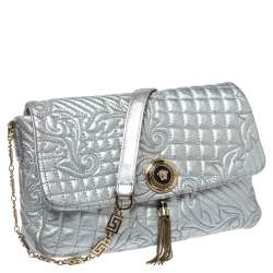 Pre Owned Versace Metallic Silver Barocco Leather Vanitas Medea Shoulder Bag