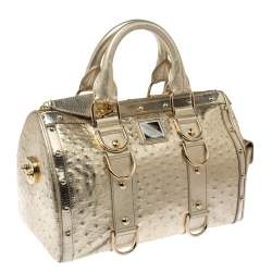 Pre Owned Versace Gold Ostrich Embossed Leather Snap Out Of It Satchel