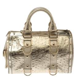 Pre Owned Versace Gold Ostrich Embossed Leather Snap Out Of It Satchel