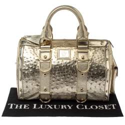 Pre Owned Versace Gold Ostrich Embossed Leather Snap Out Of It Satchel