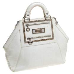 Pre Owned Versace White Croc Embossed Leather Hit Satchel