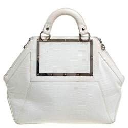 Pre Owned Versace White Croc Embossed Leather Hit Satchel