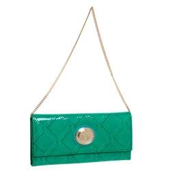 Pre Owned Versace Green Patent Leather Wallet On Chain
