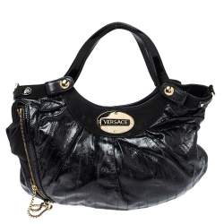 Pre Owned Versace Black Eel Skin, Suede and Patent Leather Satchel