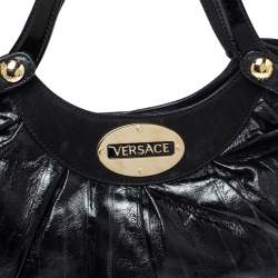 Pre Owned Versace Black Eel Skin, Suede and Patent Leather Satchel