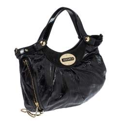 Pre Owned Versace Black Eel Skin, Suede and Patent Leather Satchel