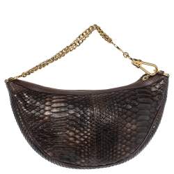 Pre Owned Versace Dark Brown Python Zip Detail Half Moon Hobo