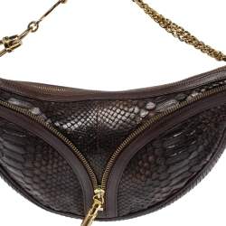 Pre Owned Versace Dark Brown Python Zip Detail Half Moon Hobo