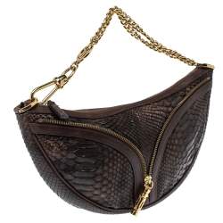 Pre Owned Versace Dark Brown Python Zip Detail Half Moon Hobo