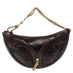 Pre Owned Versace Dark Brown Python Zip Detail Half Moon Hobo