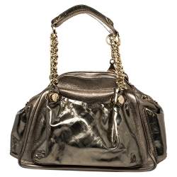 مملوكة مسبقًا Versace Metallic Olive Green Signature Patent and Leather Chain Detail Satchel