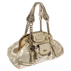 مملوكة مسبقًا Versace Gold Patent and Ostrich Embossed Leather Chain Link Satchel