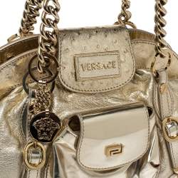 مملوكة مسبقًا Versace Gold Patent and Ostrich Embossed Leather Chain Link Satchel