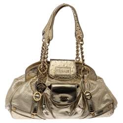 مملوكة مسبقًا Versace Gold Patent and Ostrich Embossed Leather Chain Link Satchel