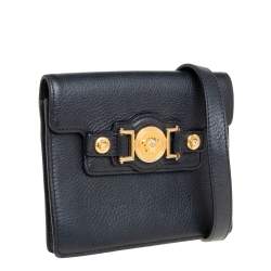 Pre Owned Versace Black Leather Medusa Buckle Flap Crossbody Bag