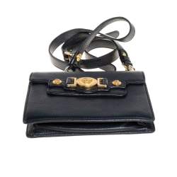 Pre Owned Versace Black Leather Medusa Buckle Flap Crossbody Bag