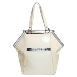 Pre Owned Versace Offf White/Silver Patent And Leather Hit Satchel
