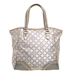 Versace Beige Monogram Fabric and Croc Embossed Leather Tote