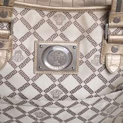 Versace Beige Monogram Fabric and Croc Embossed Leather Tote