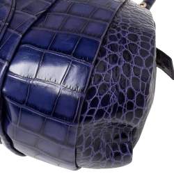 Pre Owned Versace Indigo Blue Croc Embossed Leather Logo Charm Satchel