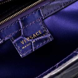 Pre Owned Versace Indigo Blue Croc Embossed Leather Logo Charm Satchel