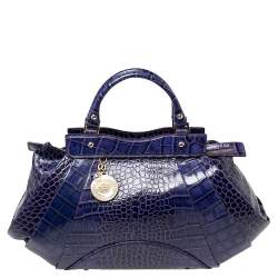 Pre Owned Versace Indigo Blue Croc Embossed Leather Logo Charm Satchel