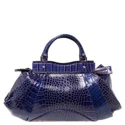 Pre Owned Versace Indigo Blue Croc Embossed Leather Logo Charm Satchel