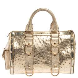 Pre Owned Versace Gold Ostrich Embossed Leather Snap Out Of It Satchel