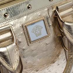 Pre Owned Versace Gold Ostrich Embossed Leather Snap Out Of It Satchel