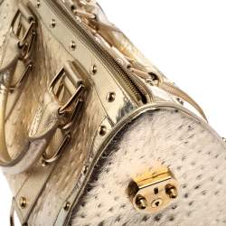 Pre Owned Versace Gold Ostrich Embossed Leather Snap Out Of It Satchel
