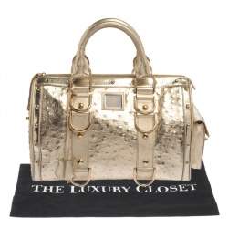 Pre Owned Versace Gold Ostrich Embossed Leather Snap Out Of It Satchel