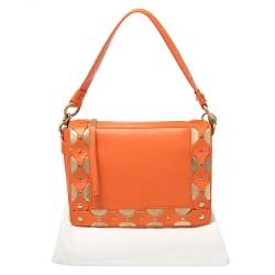 Pre Owned Versace Orange Leather Studded Flap Shoulder Bag