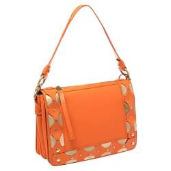 Pre Owned Versace Orange Leather Studded Flap Shoulder Bag
