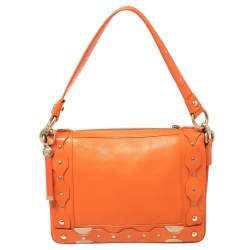 Pre Owned Versace Orange Leather Studded Flap Shoulder Bag