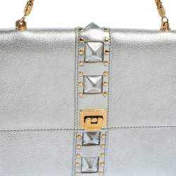 Pre Owned Versace Silver Leather Studded Flap Clutch