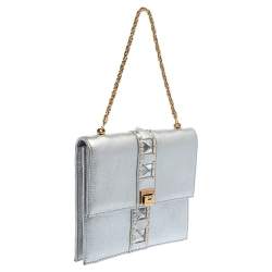 Pre Owned Versace Silver Leather Studded Flap Clutch