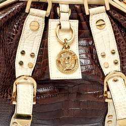 Pre Owned Versace Brown/Beige Croc Embossed Leather Madonna Satchel