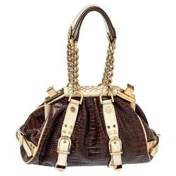 Pre Owned Versace Brown/Beige Croc Embossed Leather Madonna Satchel