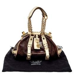 Pre Owned Versace Brown/Beige Croc Embossed Leather Madonna Satchel