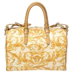 Pre Owned Versace Mustard/Beige Printed Coated Canvas and Leather Medusa Boston Bag