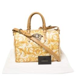 Pre Owned Versace Mustard/Beige Printed Coated Canvas and Leather Medusa Boston Bag
