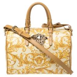 Pre Owned Versace Mustard/Beige Printed Coated Canvas and Leather Medusa Boston Bag
