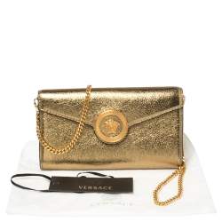 Pre Owned Versace Metallic Gold Leather Medusa Wallet on Chain
